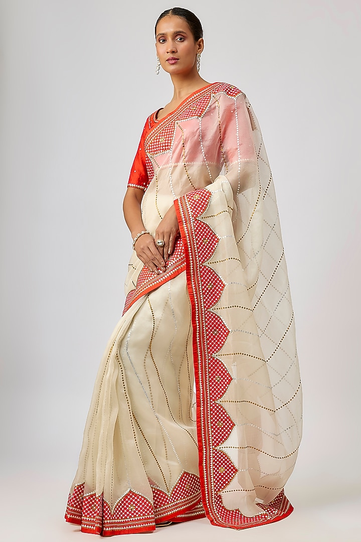 Ivory & Orange Silk Organza Hand Embroidered Wedding Saree Set by Priyal Prakash at Pernia's Pop Up Shop