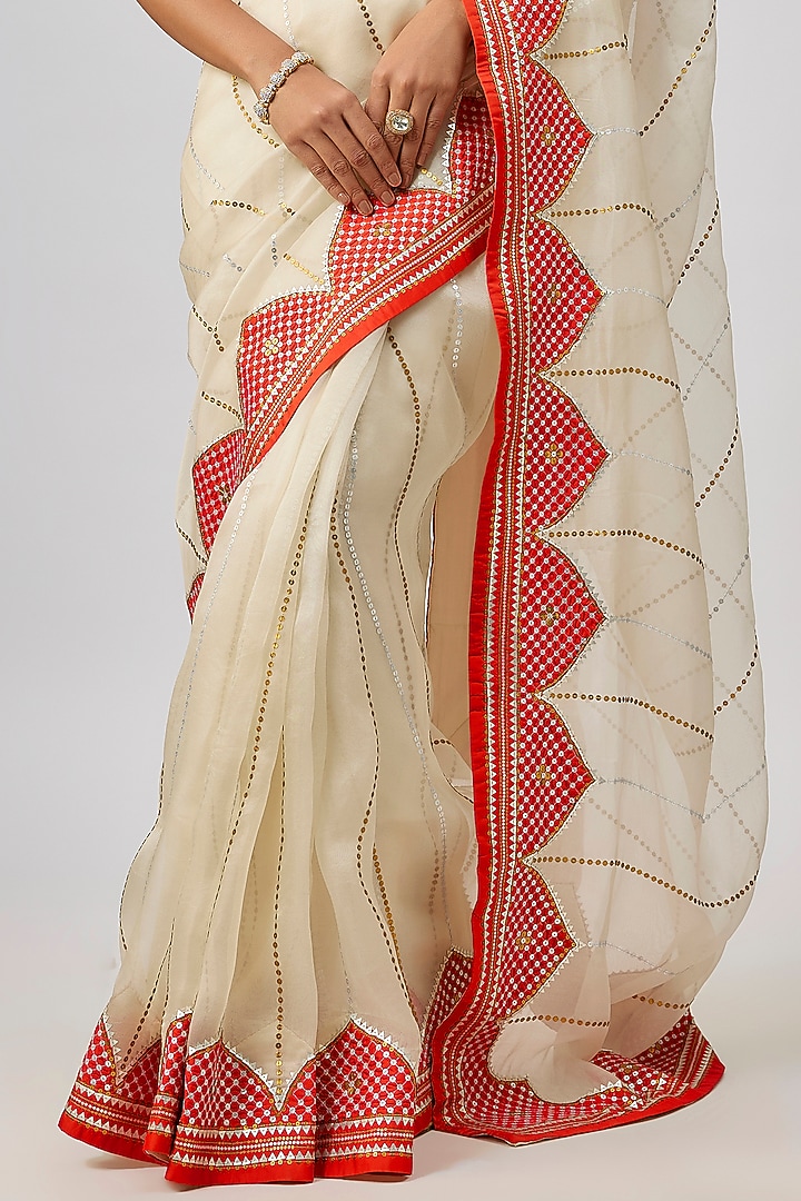 Ivory & Orange Silk Organza Hand Embroidered Wedding Saree Set by Priyal Prakash at Pernia's Pop Up Shop