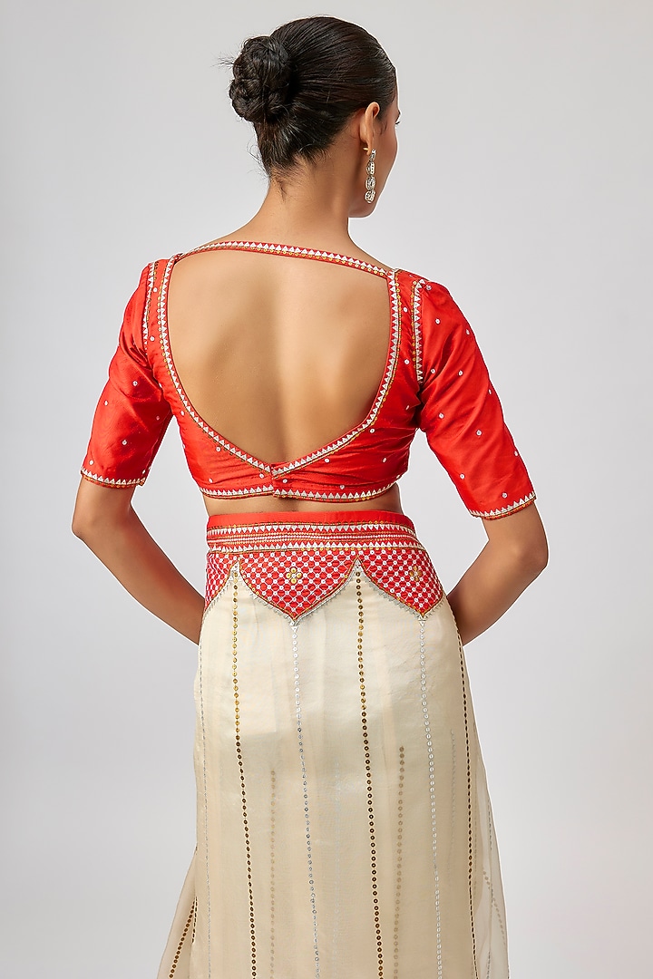 Ivory & Orange Silk Organza Hand Embroidered Wedding Saree Set by Priyal Prakash at Pernia's Pop Up Shop