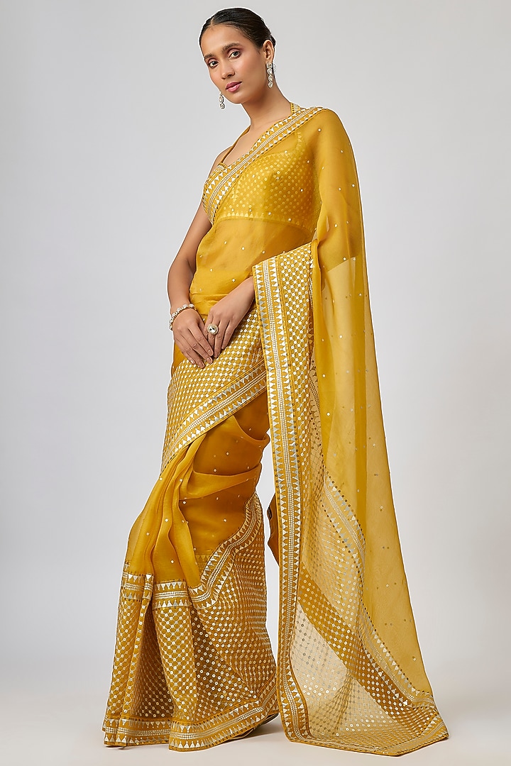 Dijon Mustard Silk Organza Hand Embroidered Wedding Saree Set by Priyal Prakash at Pernia's Pop Up Shop
