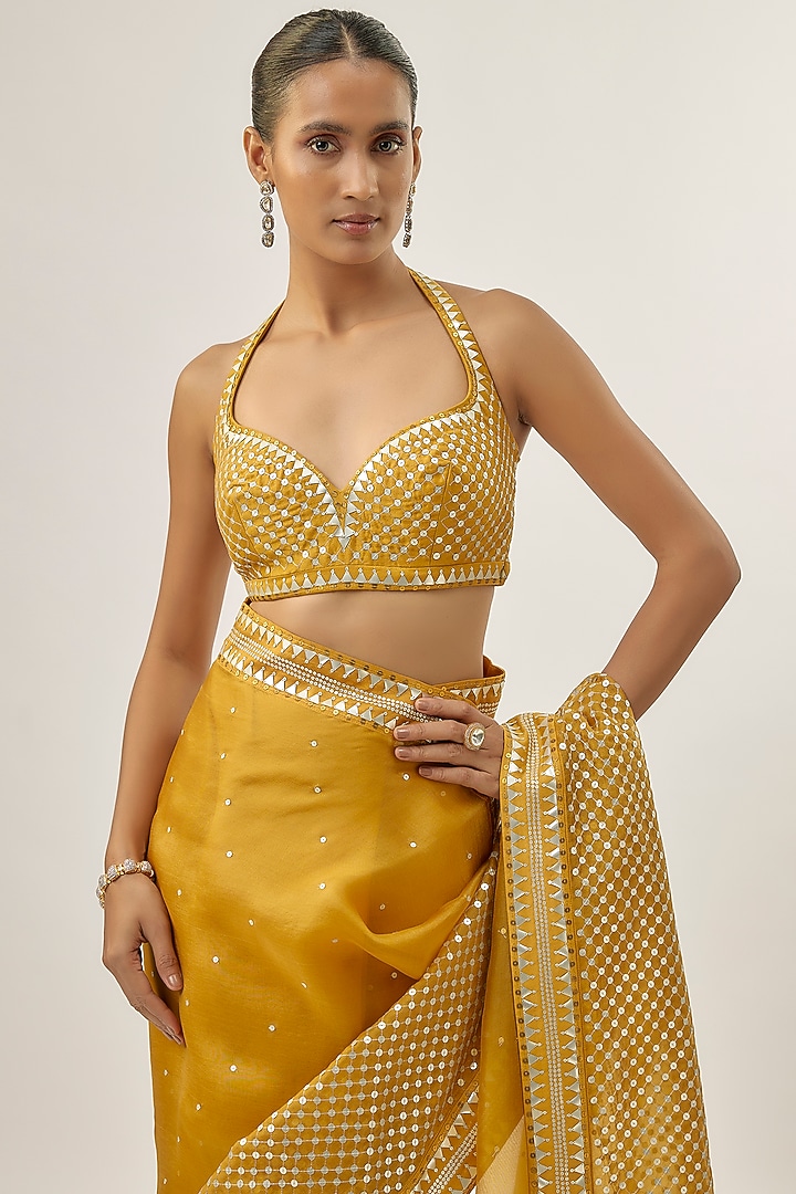 Dijon Mustard Silk Organza Hand Embroidered Wedding Saree Set by Priyal Prakash at Pernia's Pop Up Shop