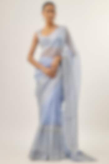 Blue Silk Organza Hand Embroidered Wedding Saree Set by Priyal Prakash at Pernia's Pop Up Shop