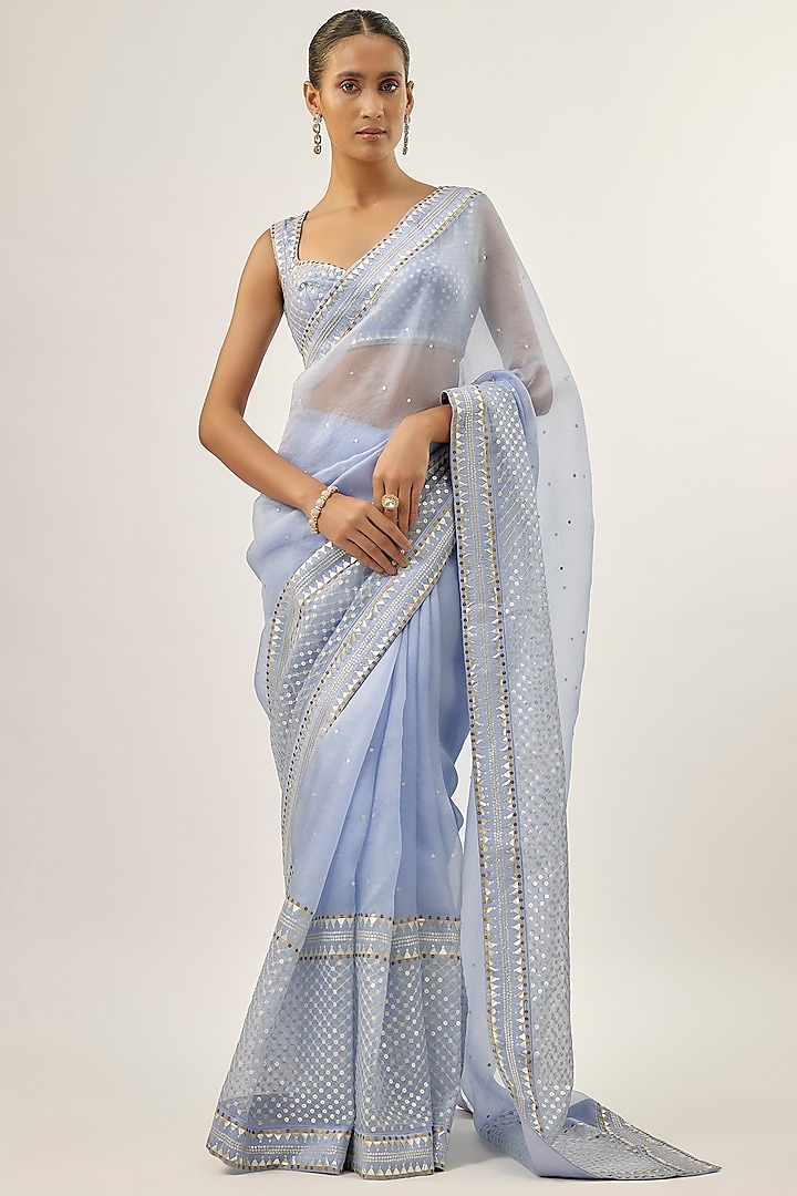 Blue Silk Organza Hand Embroidered Wedding Saree Set by Priyal Prakash at Pernia's Pop Up Shop