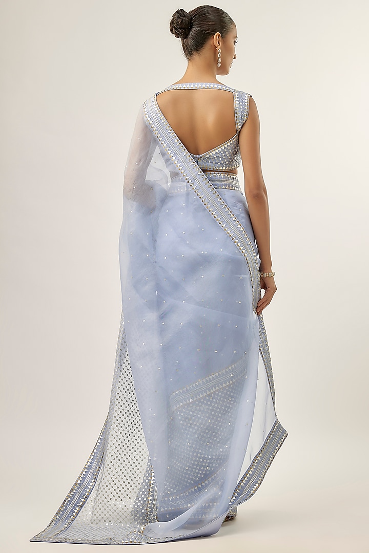 Blue Silk Organza Hand Embroidered Wedding Saree Set by Priyal Prakash at Pernia's Pop Up Shop