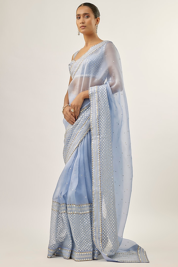 Blue Silk Organza Hand Embroidered Wedding Saree Set by Priyal Prakash at Pernia's Pop Up Shop