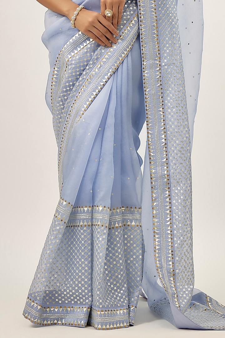 Blue Silk Organza Hand Embroidered Wedding Saree Set by Priyal Prakash at Pernia's Pop Up Shop