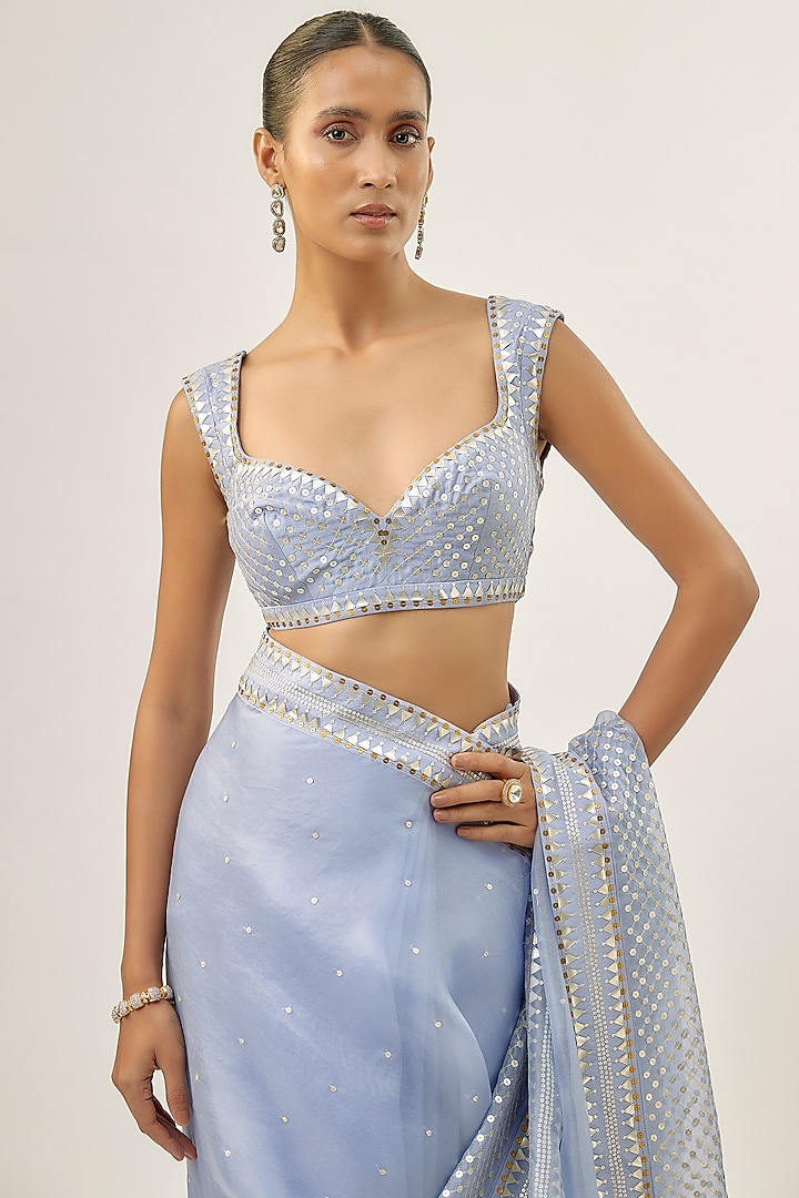 Blue Silk Organza Hand Embroidered Wedding Saree Set by Priyal Prakash at Pernia's Pop Up Shop
