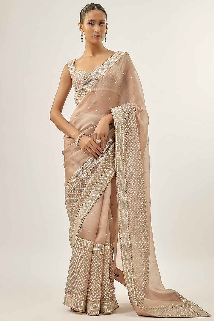 Taupe Silk Organza Hand Embroidered Wedding Saree Set by Priyal Prakash at Pernia's Pop Up Shop