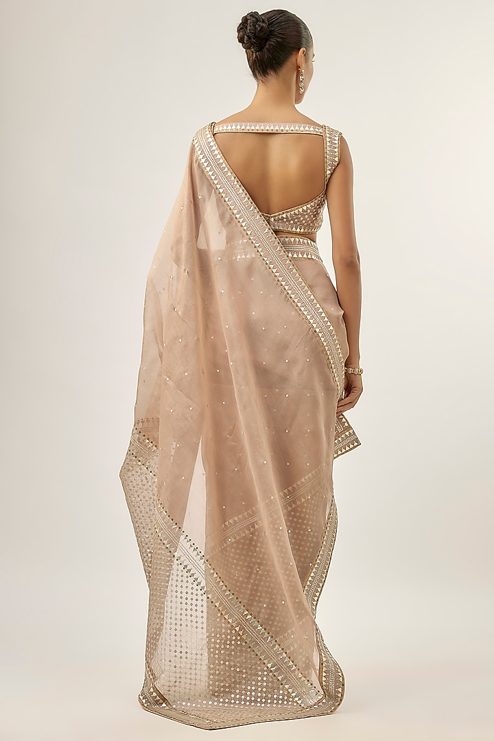 Taupe Silk Organza Hand Embroidered Wedding Saree Set by Priyal Prakash at Pernia's Pop Up Shop