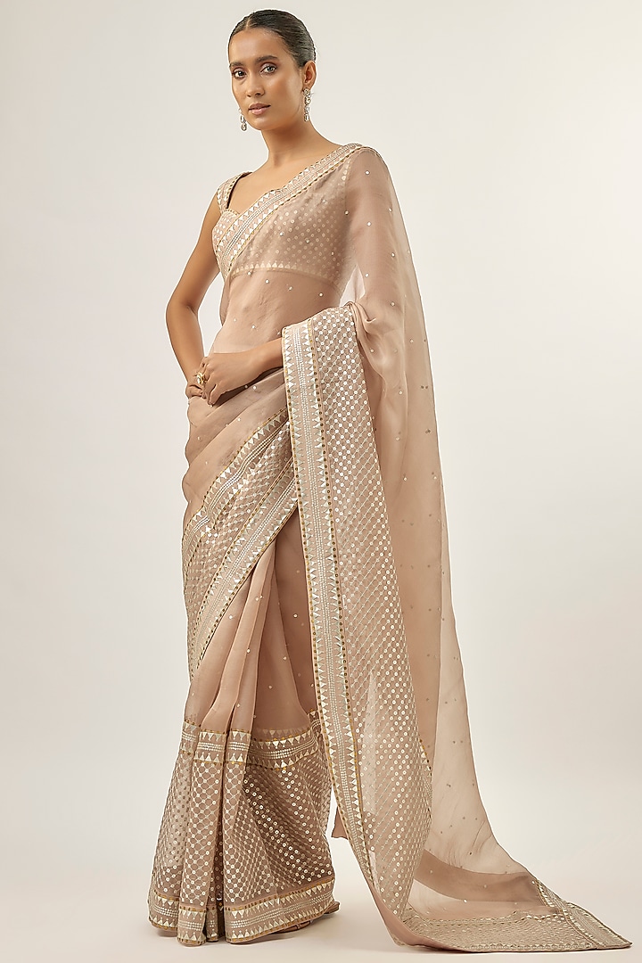 Taupe Silk Organza Hand Embroidered Wedding Saree Set by Priyal Prakash at Pernia's Pop Up Shop