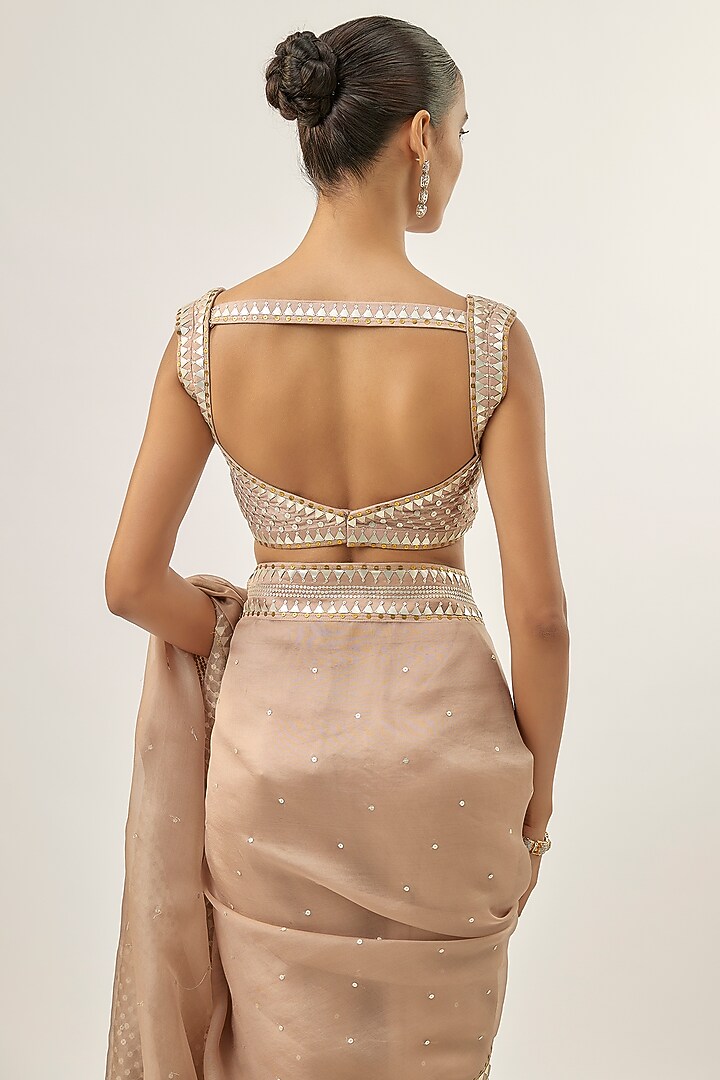 Taupe Silk Organza Hand Embroidered Wedding Saree Set by Priyal Prakash at Pernia's Pop Up Shop
