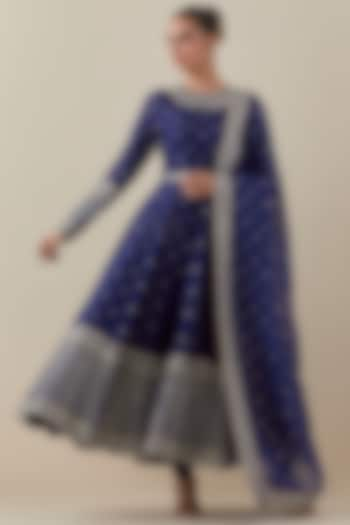 Ink Blue Chanderi Hand Embroidered Anarkali Set by Priyal Prakash at Pernia's Pop Up Shop