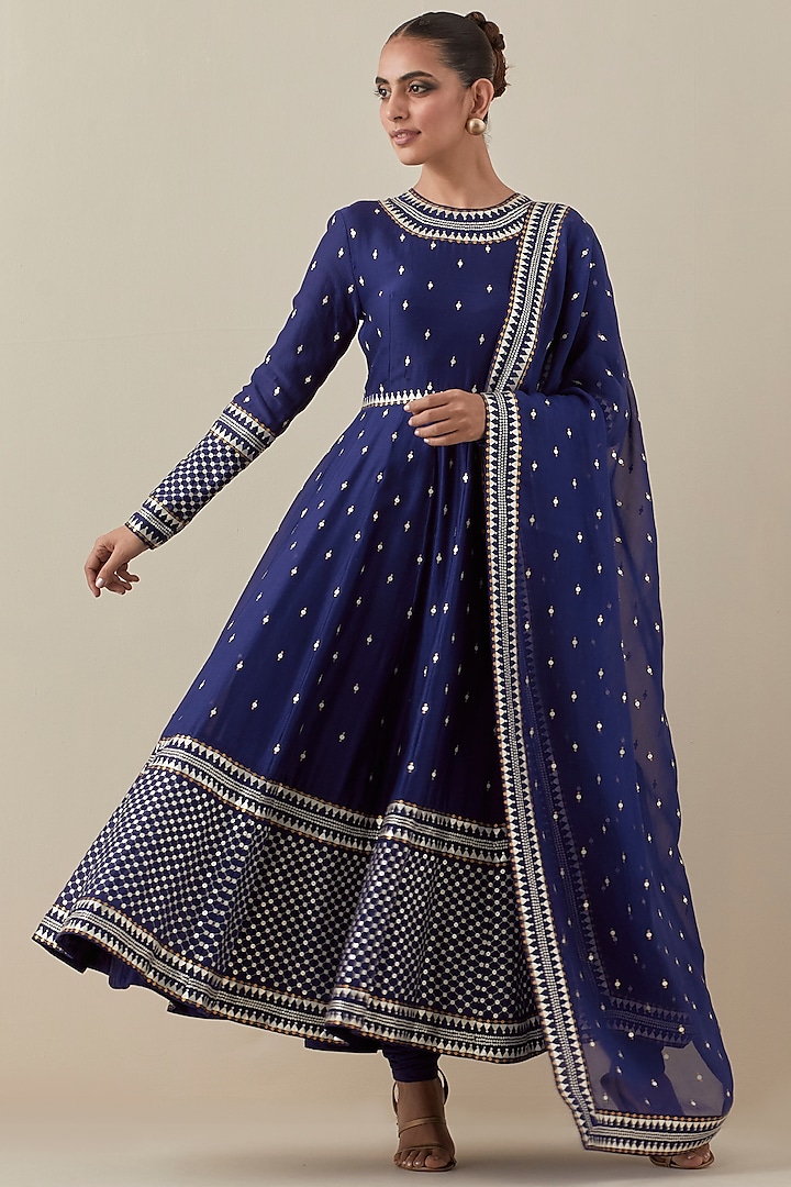 Ink Blue Chanderi Hand Embroidered Anarkali Set by Priyal Prakash at Pernia's Pop Up Shop