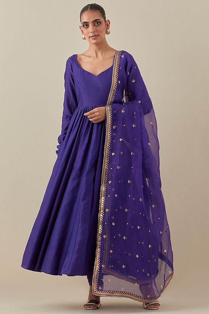 Purple Chanderi Hand Embroidered Anarkali Set by Priyal Prakash at Pernia's Pop Up Shop