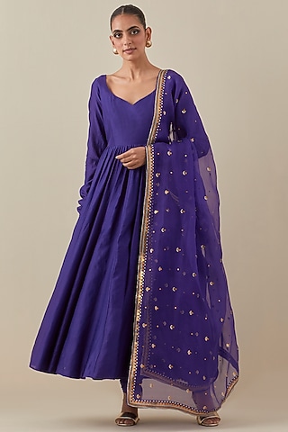 Purple Chanderi Hand Embroidered Anarkali Set by Priyal Prakash