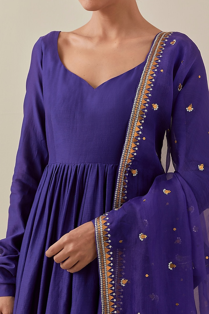 Purple Chanderi Hand Embroidered Party Wear Anarkali Set by Priyal Prakash at Pernia's Pop Up Shop