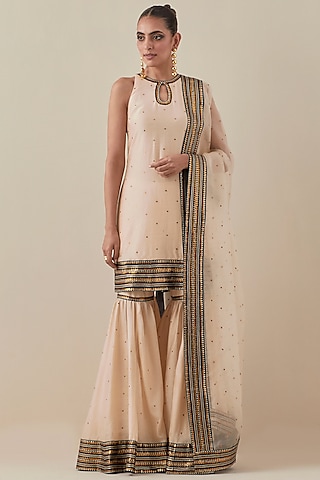 Beige Chanderi Hand Embroidered Gharara Set by Priyal Prakash