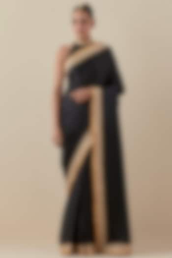 Ebony Black Silk Satin Hand Embroidered Wedding Saree Set by Priyal Prakash at Pernia's Pop Up Shop