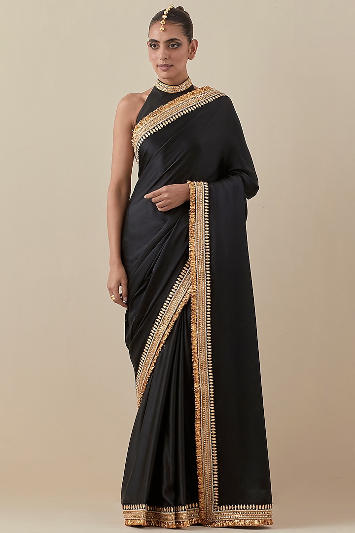 Ebony Black Silk Satin Hand Embroidered Wedding Saree Set by Priyal Prakash at Pernia's Pop Up Shop