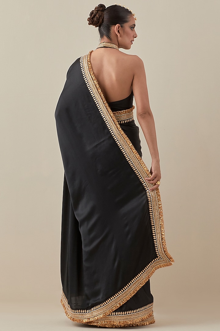 Ebony Black Silk Satin Hand Embroidered Wedding Saree Set by Priyal Prakash at Pernia's Pop Up Shop