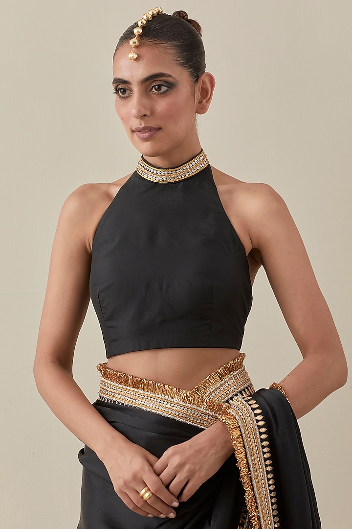 Ebony Black Silk Satin Hand Embroidered Wedding Saree Set by Priyal Prakash at Pernia's Pop Up Shop