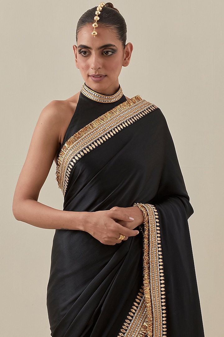 Ebony Black Silk Satin Hand Embroidered Wedding Saree Set by Priyal Prakash at Pernia's Pop Up Shop