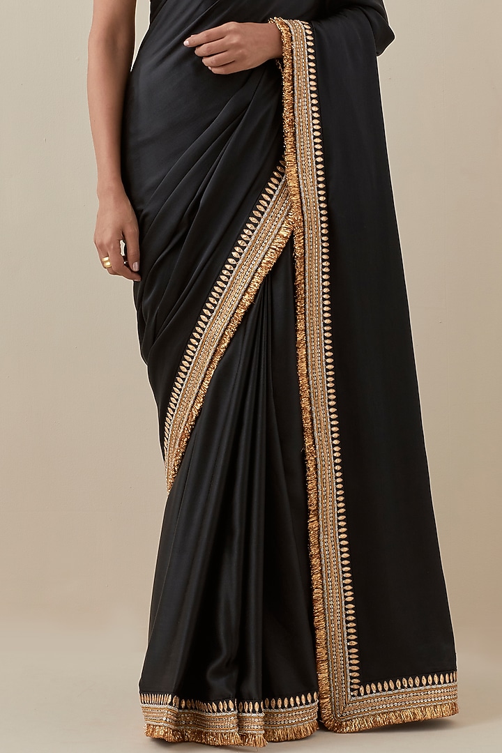 Ebony Black Silk Satin Hand Embroidered Wedding Saree Set by Priyal Prakash at Pernia's Pop Up Shop