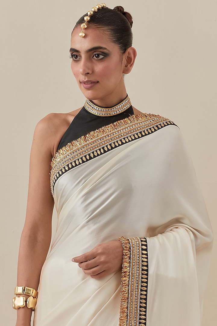 Ivory Silk Satin Hand Embroidered Wedding Saree Set by Priyal Prakash at Pernia's Pop Up Shop