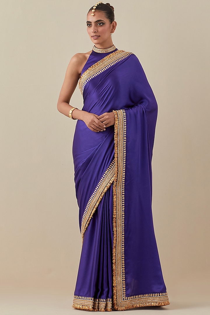 Violet Silk Satin Hand Embroidered Saree Set by Priyal Prakash at Pernia's Pop Up Shop