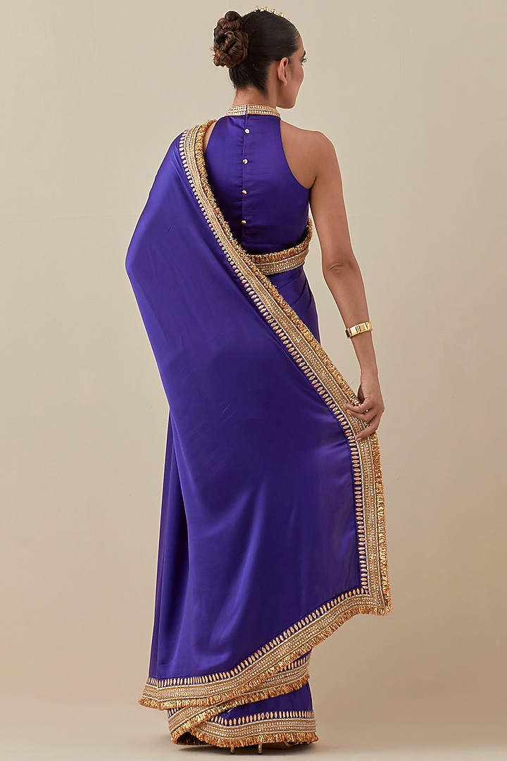 Violet Silk Satin Hand Embroidered Wedding Saree Set by Priyal Prakash at Pernia's Pop Up Shop