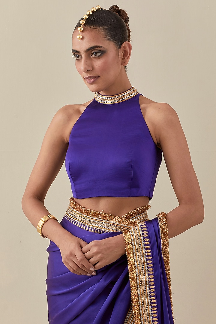 Violet Silk Satin Hand Embroidered Wedding Saree Set by Priyal Prakash at Pernia's Pop Up Shop