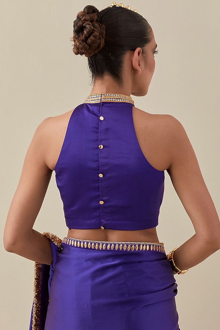 Violet Silk Satin Hand Embroidered Wedding Saree Set by Priyal Prakash at Pernia's Pop Up Shop
