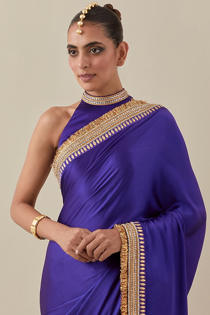 Violet Silk Satin Hand Embroidered Wedding Saree Set by Priyal Prakash at Pernia's Pop Up Shop