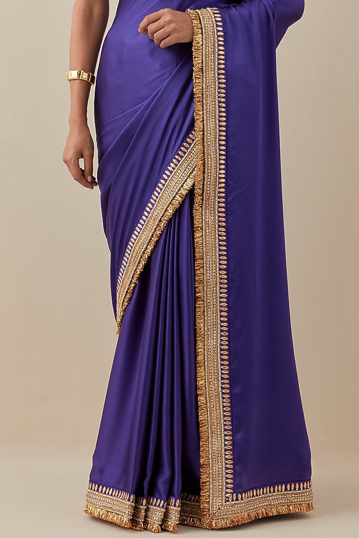 Violet Silk Satin Hand Embroidered Wedding Saree Set by Priyal Prakash at Pernia's Pop Up Shop