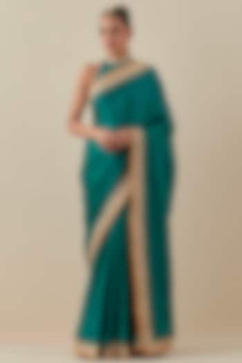Emerald Green Silk Satin Hand Embroidered Wedding Saree Set by Priyal Prakash at Pernia's Pop Up Shop