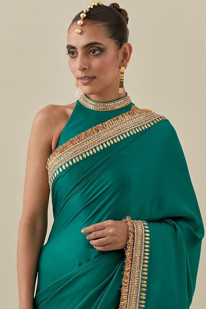 Emerald Green Silk Satin Hand Embroidered Wedding Saree Set by Priyal Prakash at Pernia's Pop Up Shop