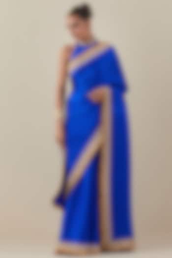 Royal Blue Silk Satin Hand Embroidered Wedding Saree Set by Priyal Prakash at Pernia's Pop Up Shop