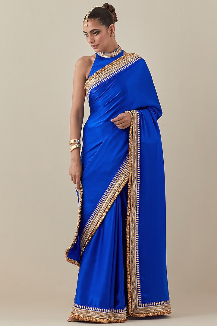 Royal Blue Silk Satin Hand Embroidered Wedding Saree Set by Priyal Prakash at Pernia's Pop Up Shop