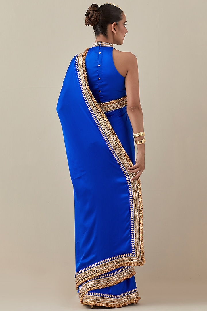 Royal Blue Silk Satin Hand Embroidered Wedding Saree Set by Priyal Prakash at Pernia's Pop Up Shop