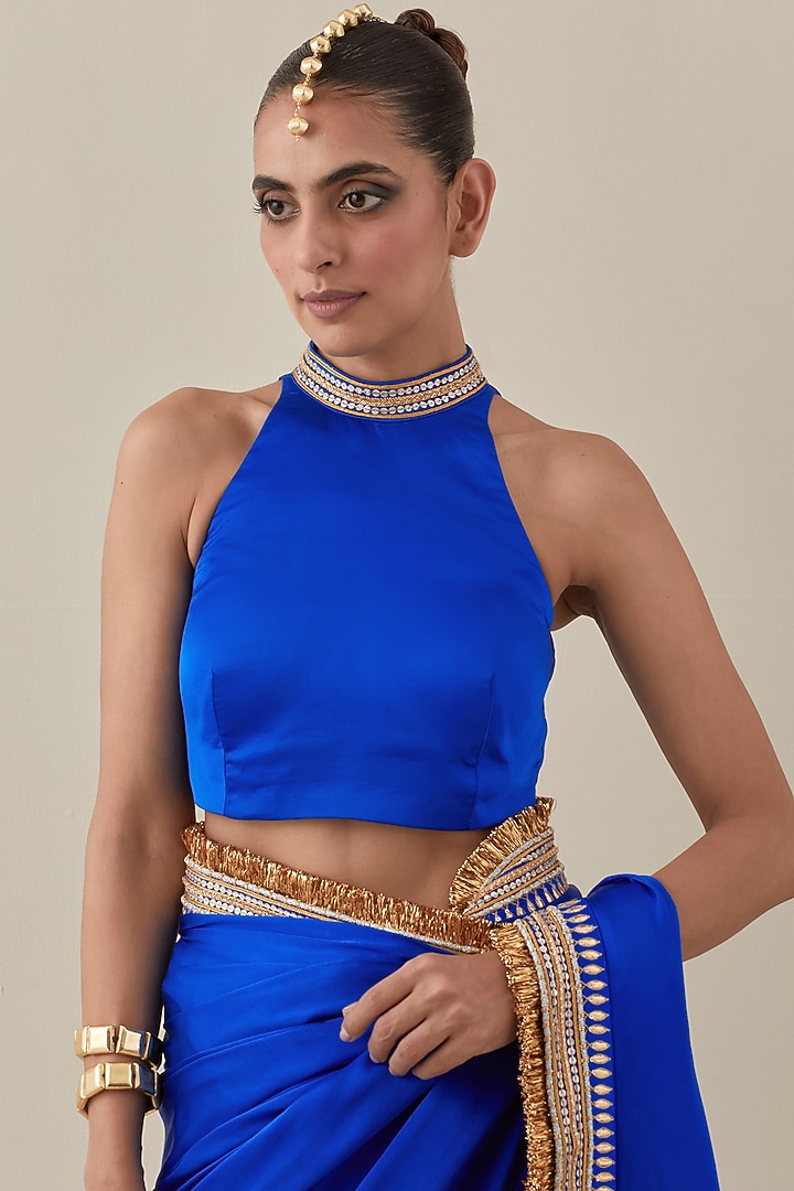 Royal Blue Silk Satin Hand Embroidered Wedding Saree Set by Priyal Prakash at Pernia's Pop Up Shop