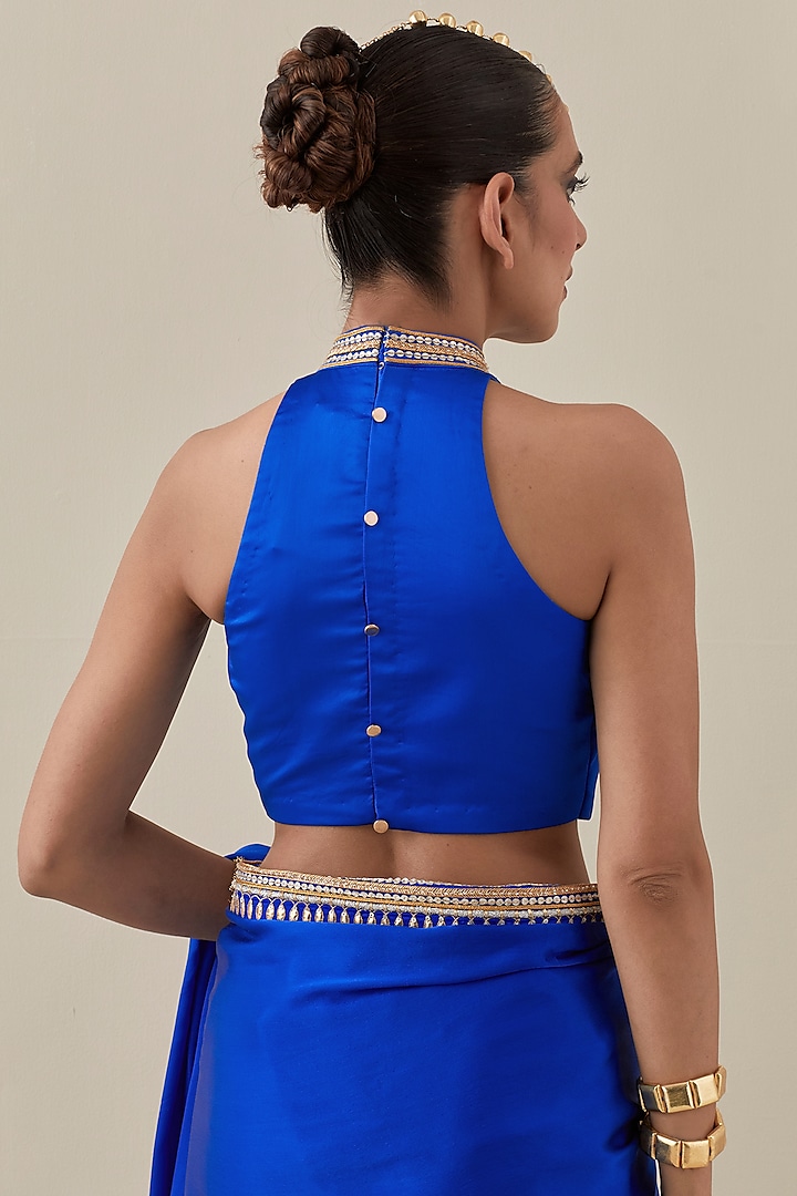 Royal Blue Silk Satin Hand Embroidered Wedding Saree Set by Priyal Prakash at Pernia's Pop Up Shop