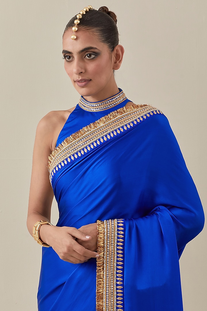 Royal Blue Silk Satin Hand Embroidered Wedding Saree Set by Priyal Prakash at Pernia's Pop Up Shop