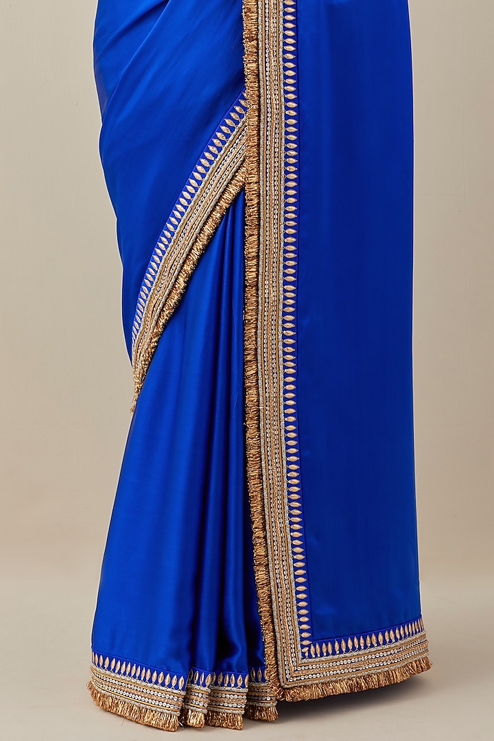 Royal Blue Silk Satin Hand Embroidered Wedding Saree Set by Priyal Prakash at Pernia's Pop Up Shop