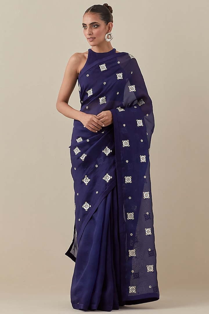 Midnight Blue Silk Organza Hand Embroidered Saree Set by Priyal Prakash