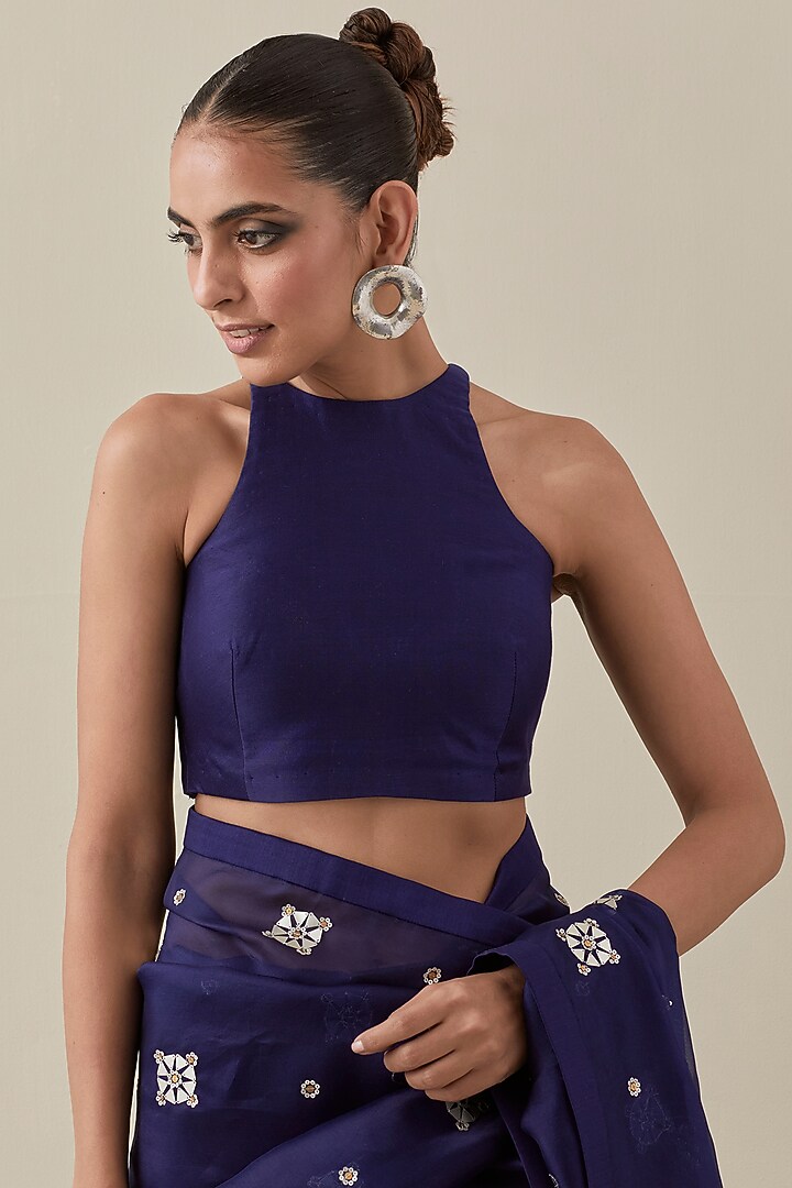 Midnight Blue Silk Organza Hand Embroidered Party Wear Saree Set by Priyal Prakash at Pernia's Pop Up Shop