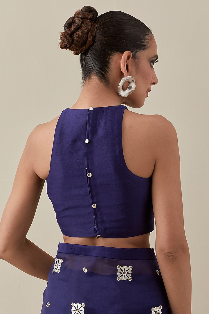 Midnight Blue Silk Organza Hand Embroidered Party Wear Saree Set by Priyal Prakash at Pernia's Pop Up Shop