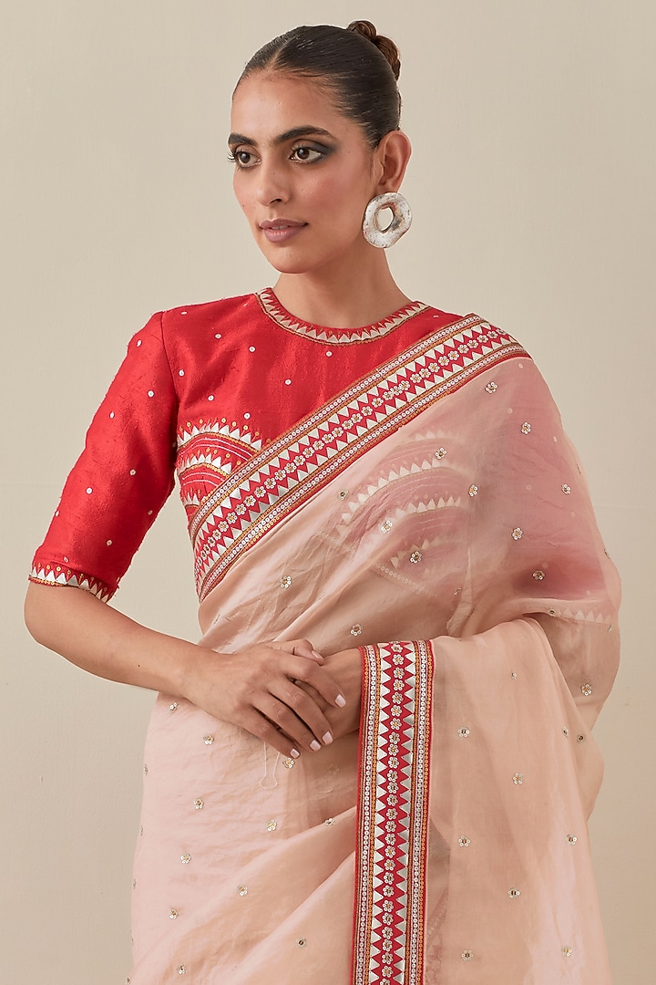 Fawn Red Silk Organza Hand Embroidered Wedding Saree Set by Priyal Prakash at Pernia's Pop Up Shop