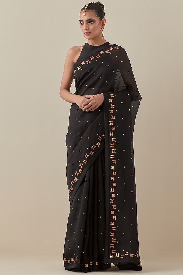 Black Silk Organza Hand Embroidered Saree Set by Priyal Prakash