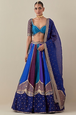 Blue & Purple Raw Silk Hand Embroidered Lehenga Set by Priyal Prakash