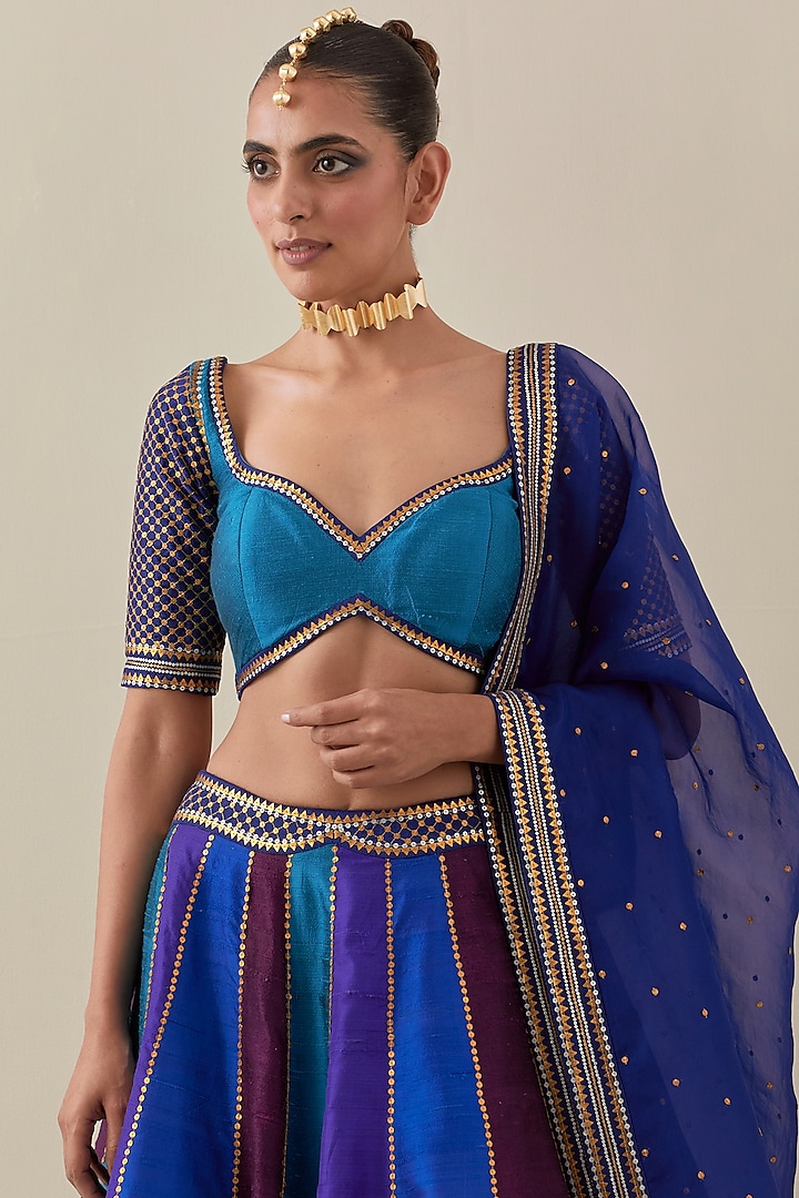 Blue & Purple Raw Silk Hand Embroidered Wedding Lehenga Set by Priyal Prakash at Pernia's Pop Up Shop